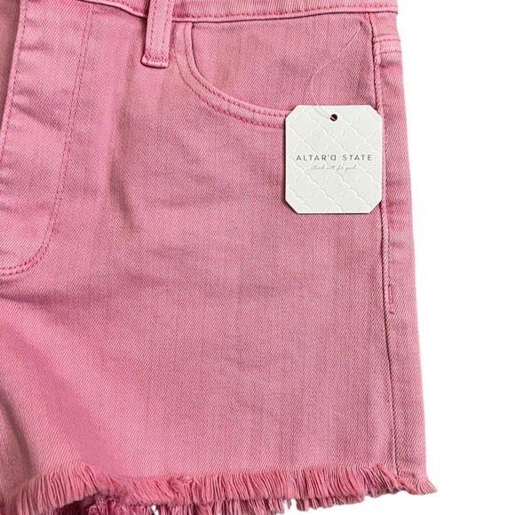 Pink Jean Shorts. Fringe hemline. Altar’d State. New With Tags! High rise. - Picture 4 of 12